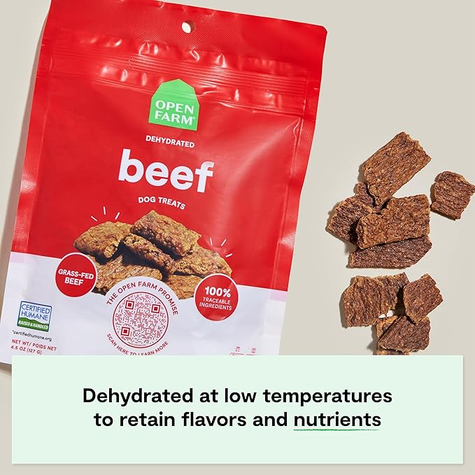 Open Farm, Dehydrated Dog Treats, High Protein & Low Carbohydrate Dog Snacks, Chewy Texture, Made with Ethically & Sustainably Sourced Ingredients, Grass-Fed Beef Recipe, 4.5oz Pouch