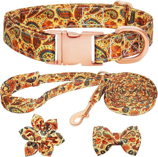 Dog Collar and Leash Set Girls Adjustable Puppy Collars with Floral Bow Tie for Small Medium Large Female Dogs, Orange Paisley, S