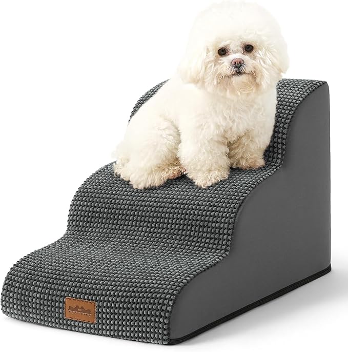 Dog Stairs for Small Dogs 15.7" H, Curved Dog Step for Puppy, Older Cat, Medium Pet Ramp for Sofa, Couch or Bed, Ladder with High Density Foam, 15.7x22.4x15.7 inch, 3 Step, Dark Grey