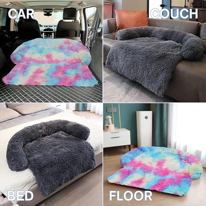Calming Dog Bed Fluffy Plush Dog Mat for Furniture Protector with Removable Washable Cover for Large Medium Small Dogs and Cats (Medium, Rainbow)