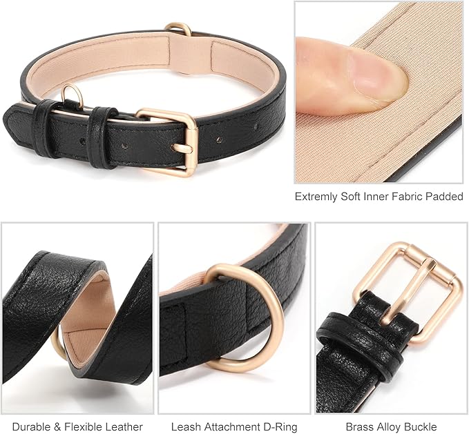 WHIPPY Leather Dog Collar for Small Dog Adjustable Soft Breathable Leather Padded Puppy Collar with Alloy Buckle Heavy Duty Waterproof Classic Dog Pet Collar,Black,XS