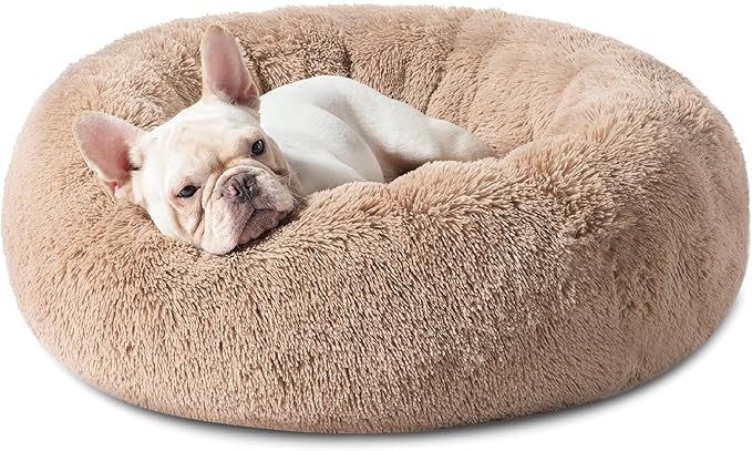 Bedsure Calming Dog Bed Medium Size Dog - Donut Washable Medium Pet Bed, 30 inches Anti-Slip Round Fluffy Plush Faux Fur Cat Bed, Fits up to 45 lbs Pets, Camel