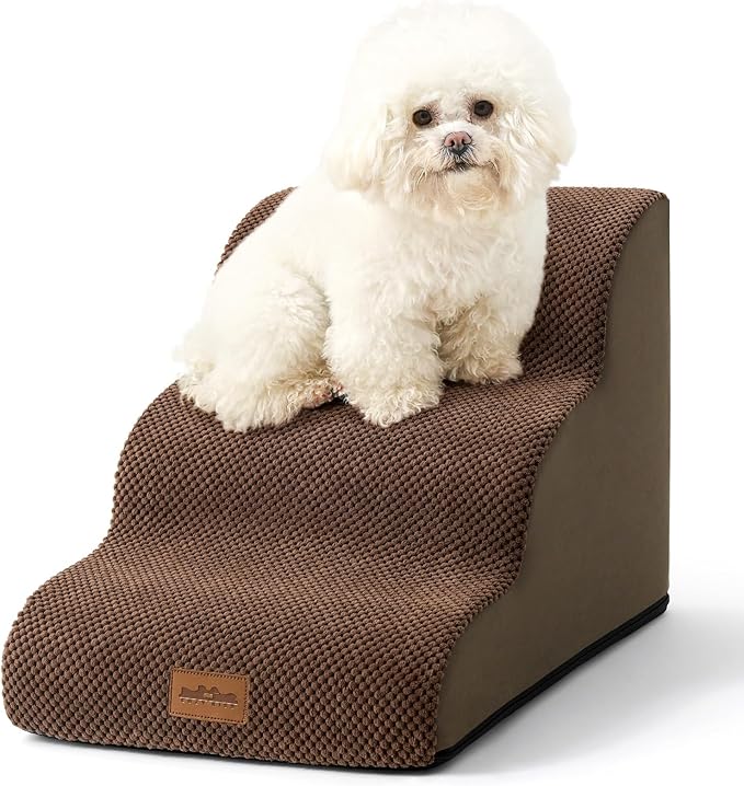 Dog Stairs for Small Dogs 15.7" H, Curved Dog Step for Puppy, Older Cat, Medium Pet Ramp for Sofa, Couch or Bed, Ladder with High Density Foam, 15.7x22.4x15.7 inch, 3 Step, Brown