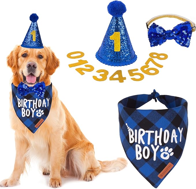 ADOGGYGO Dog Birthday Party Supplies, Multi Size Offered, Blue Dog Birthday Hat Bandana Numbers Bow Set for Large X-Large Dogs Pets (X-Large)