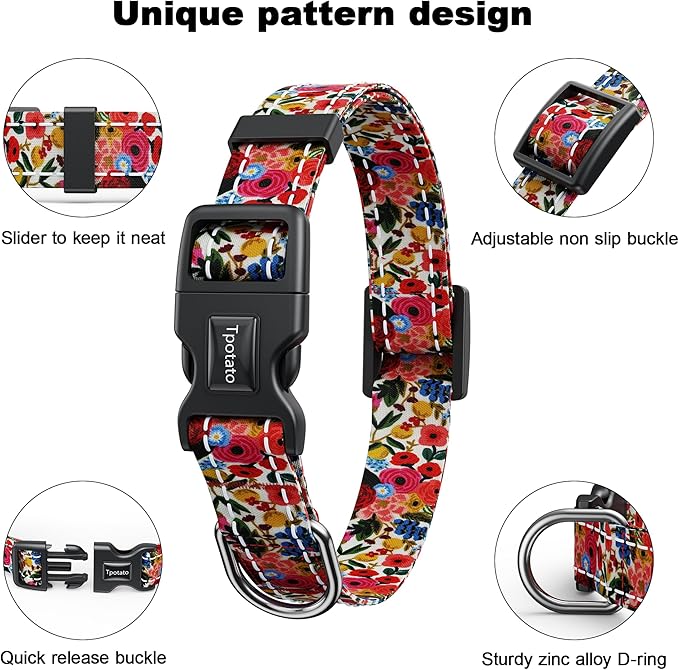 Tpotato Reflective Combination Pattern Girl Dog Collar for Puppy Small Medium Large Breed Dogs,Female Cute Floral Designer Dog Collars,Adjustable Soft Nylon Pet Collar,Quick Release Dog Collar M