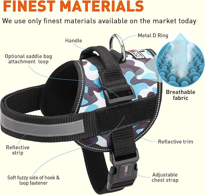 Dogline Dog Harness, Reflective No-Pull Adjustable Vest with Handle for Walking, Training, Breathable, No - Choke Harness for Small, Medium or Large Dogs Room for Patches Girth 22"-28" in Blue Camo