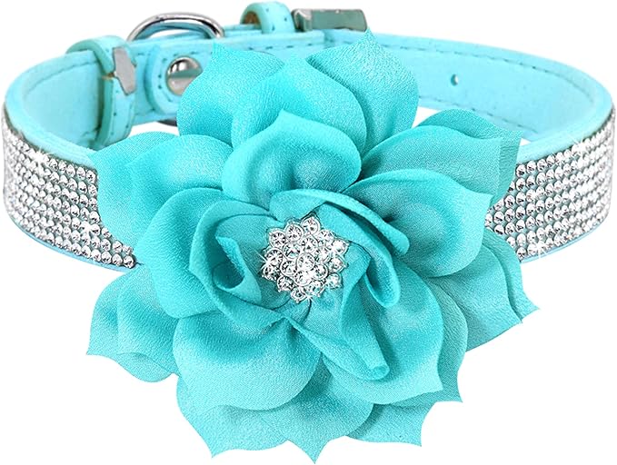 PET ARTIST Bling Dog Collars for Small Dogs and Cats, Sparkling Rhinestone Dog Collar Leather with Flower, Soft & Cute Leather Blue Puppy Collars for Male Dogs Walking Party Wedding,XS