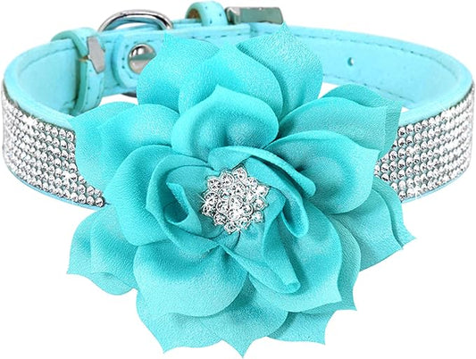 PET ARTIST Bling Dog Collars for Small Medium Dogs, Sparkling Rhinestone Dog Collar Leather with Flower, Soft & Cute Blue Pet Collars for Male Dogs Walking Party Wedding,M