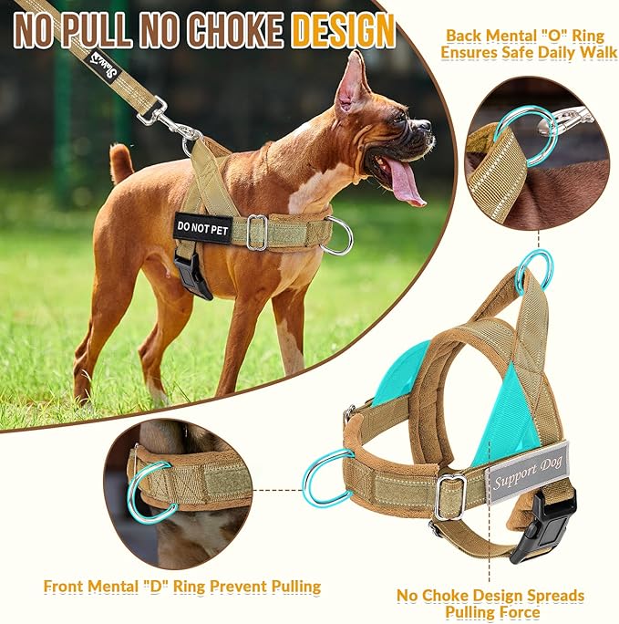 SlowTon No Pull Dog Harness - Heavy Duty Dog Harness and Leash Set for Medium Large Dogs, Reflective Tactical Harness with Soft Padded and Front Clip for Easy Walk and Training (Tan M)