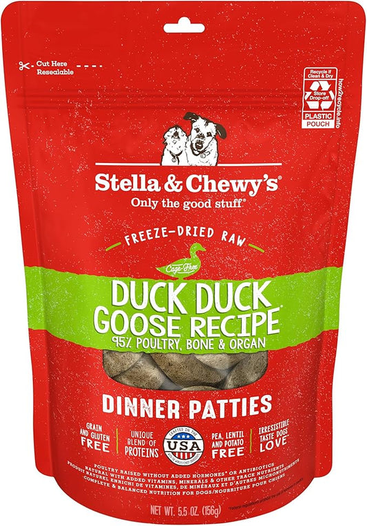 Stella & Chewy's Freeze-Dried Raw Dinner Patties - Duck Duck Goose Recipe - High Protein Grain-Free Puppy & Dog Food - Perfect For Picky Eaters - 5.5 oz