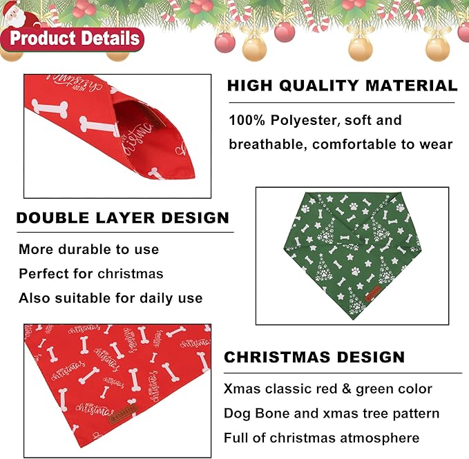 ADOGGYGO Christmas Dog Bandana, Premium Durable Fabric, Adjustable Fit Red Green Merry Christmas Bandanas for Small Dogs Pets (Small)