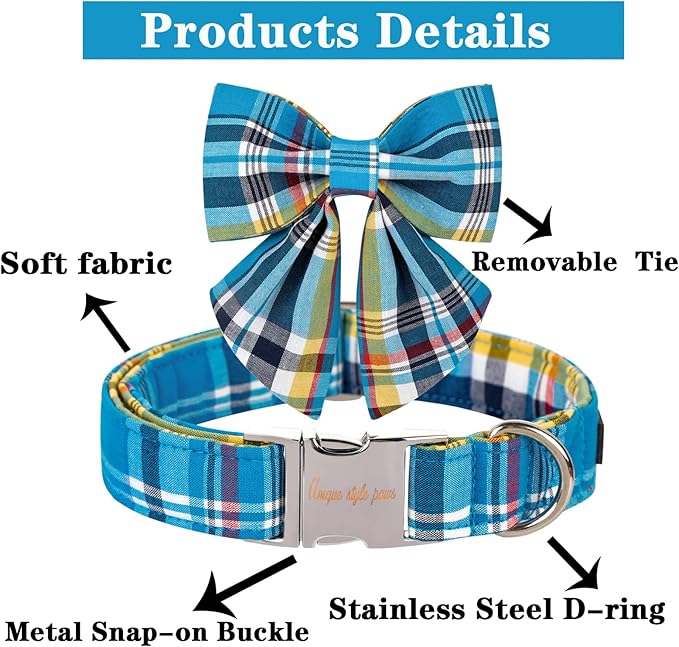 Unique style paws Blue Plaid Dog Collar with Bow Cute Puppy Collar for Small Medium Large Dogs as Autumn Winter Pet Gifts-S