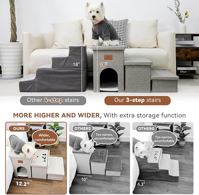 Dog Stairs with Storage 18" H, 3-Step Wider Dog Steps for Small/Medium/Large Old Dogs Cats, Folding Sturdy Pet Stairs Climbing Bed or Couch, Ramp for Car Up to 200 lbs (Beige Gray, No Condo)