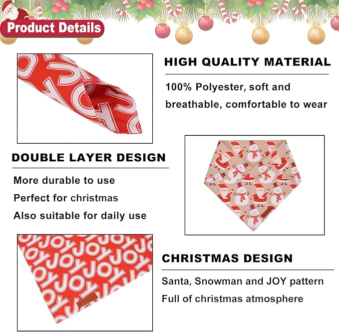 ADOGGYGO Christmas Dog Bandana, Santa Snowman Joy Xmas Pet Scarf, Premium Durable Fabric, Adjustable Fit Christmas Bandanas for Extra Large Dogs Pets (X-Large)