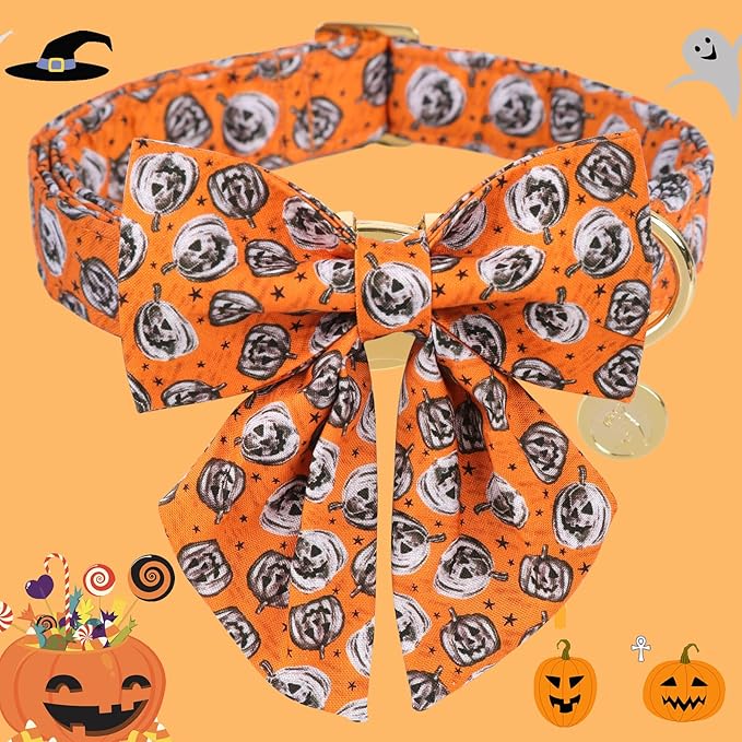 DOGWONG Fall Dog Collar with Bowtie - Fall Dog Collar Soft Cotton Autumn Dogs Necklace - Halloween Puppy Necklace for Small Medium Large Dogs