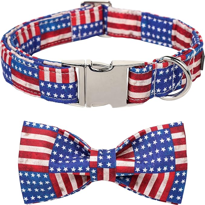 Lionet Paws Patriotic Dog Collar with Bowtie, 4th of July, Soft and Comfortable Adjustable American Flag Bowtie Collar for X-Large Dogs Male Female Gift, Neck 16-26 inches
