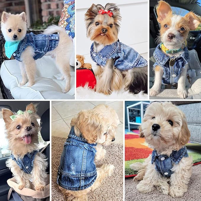 Dog Jean Jacket, Blue Denim Lapel Vest Coat T-Shirt Costume Girl Boy Puppy Clothes, Comfort and Cool Apparel for Small Medium Dogs Cats