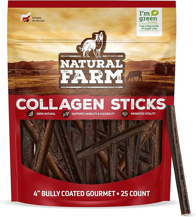 Natural Farm Bully Coated Gourmet Collagen Sticks (4 Inch, 25 Pack) – Real Bully Beef Coated, 95% Natural Collagen Dog Chews, Supports Healthy Joints, Skin & Coat - Best for Small & Medium Dogs