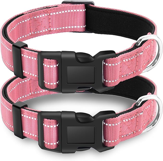 2 Pack Reflective Dog Collar with Safety Locking Buckle, Adjustable Soft Breathable Comfortable Nylon Pet Collar for Small, Medium and Large Dogs, Pink, XL