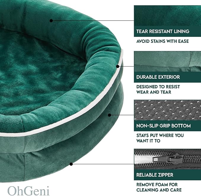 OhGeni Orthopedic Dog Couch Large Sized Pet Beds for Fathers Gifts with Comfort Foam Support, Soft Indestructible Fabric, Machine Washable Waterproof Removable Cover, 35-Inch (Dark Green)