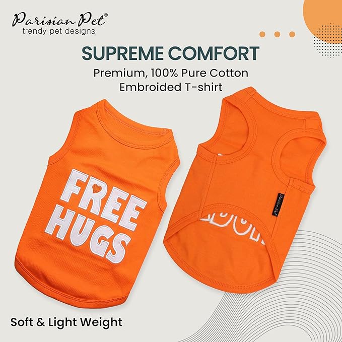 Parisian Pet Dog T-Shirt - Embroidered ' Free Hugs ' Dogs Apparel - 100% Cotton, Dog Clothes - Sleeveless Doggy Tank Top - Machine Washable Shirts for Small Dogs S