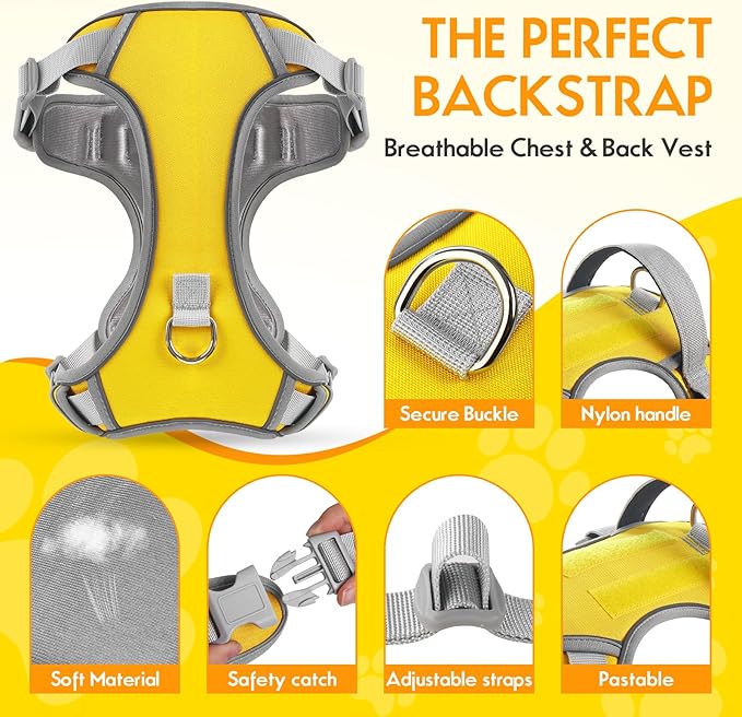 Dog Harness Adjustable Reflective Easy Control for Medium/Large Dog Harness with A Free Heavy Duty 5ft Dog Leash (Neck: 18,5"-25", Chest: 21"-27.9")(Yellow, Large)