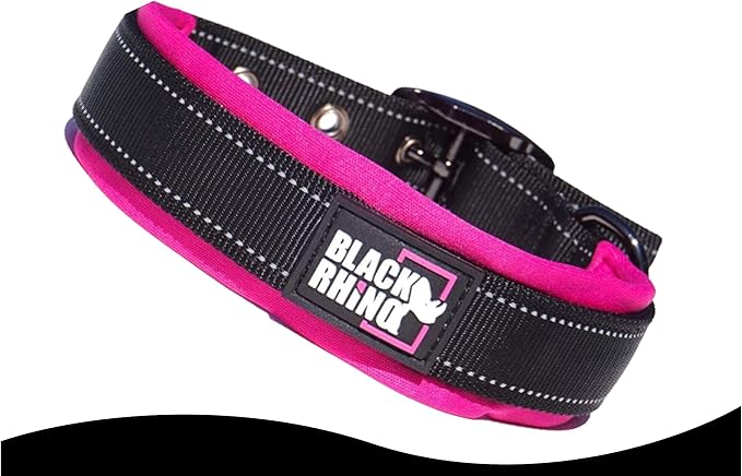 Black Rhino - The Comfort Collar Ultra Soft Neoprene Padded Dog Collar for All Breeds - Heavy Duty Adjustable Reflective Weatherproof (Large, Pink/Black)