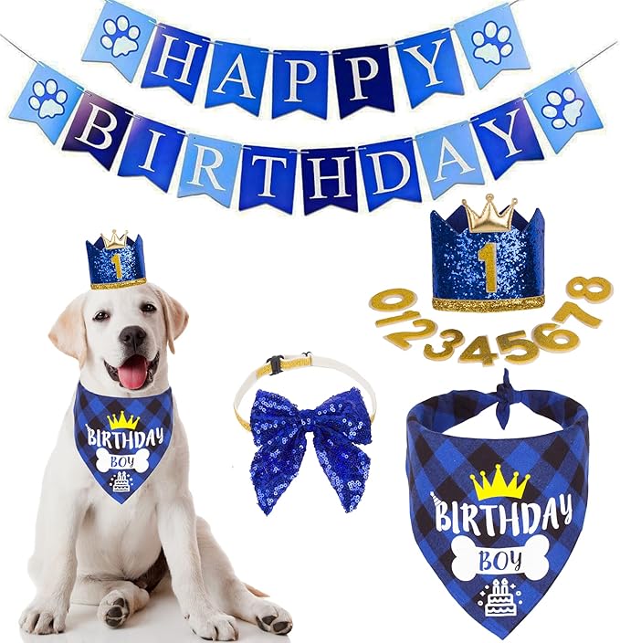 ADOGGYGO Dog Birthday Hat Bandana - Birthday Boy Dog Bandana Pet Party Hat with Numbers Bow and Happy Birthday Banner Set