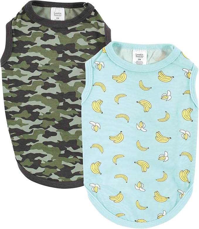 Luvable Friends Dog Pet Dog and Cats Cotton T-Shirts 2pk, Banana Camo, Small