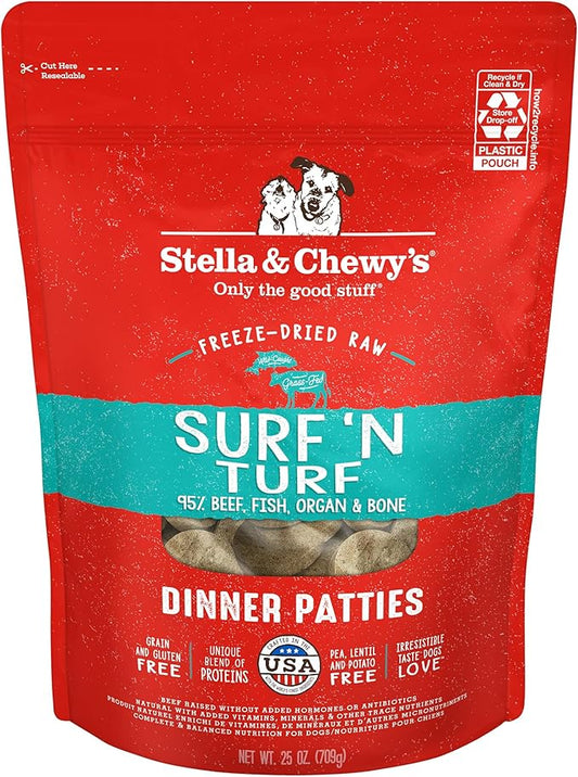 Stella & Chewy's Freeze-Dried Raw Dinner Patties - Surf 'N Turf Salmon & Beef Recipe - High Protein Grain-Free Puppy & Dog Food - Perfect For Picky Eaters - 25 oz