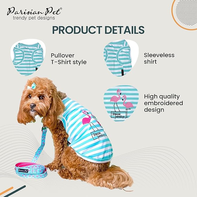 Parisian Pet Dog Tshirt - Embroidered “ Flamingos “ Tank Top - 100% Cotton and Lightweight Dog Clothes - Sleeveless Tee Shirts - Machine Washable Shirt for Medium Dogs - Pet Vest - M