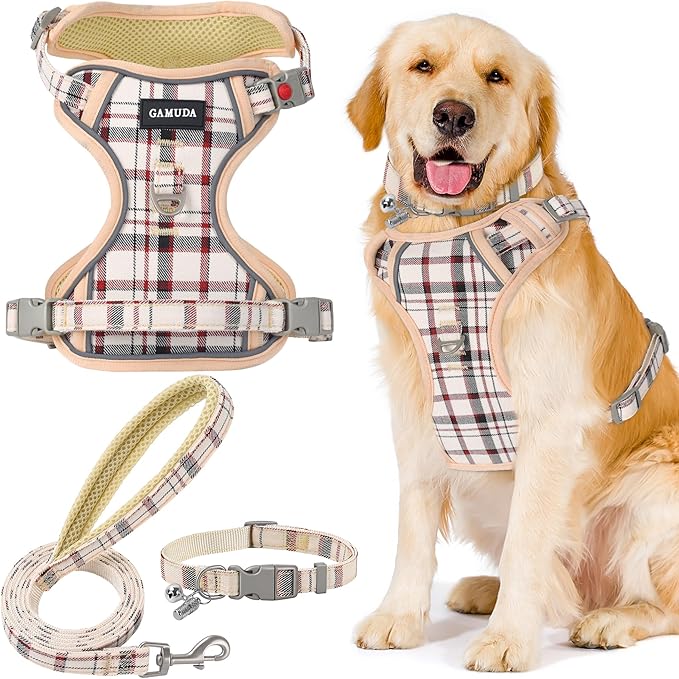 GAMUDA Dog Harness Collar and Leash Set, Dog Harness, No Chock No Pull Adjustable Vest Harnesses Plaid Reflective for Medium Dog, Cat, Small Horse, Small Bull and Pig (Beige, M)