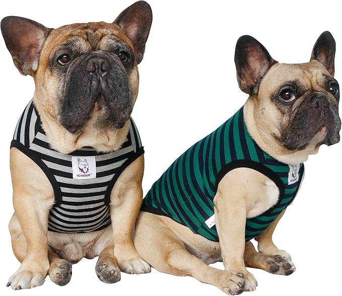 iChoue 2pcs French Bulldog Striped Shirts 100% Breathable Cotton Tank Tops Vests Clothes for Frenchie Dogs, Black and Green Stripes, Large