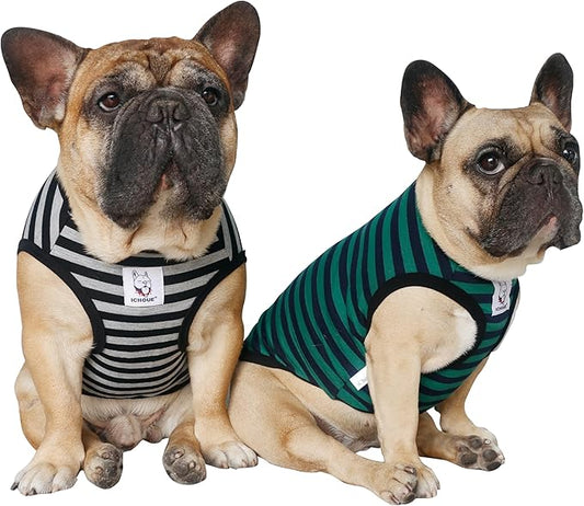 iChoue 2pcs French Bulldog Striped Shirts 100% Breathable Cotton Tank Tops Vests Clothes for Frenchie Dogs, Black and Green Stripes, Large