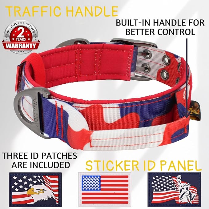 ADITYNA Heavy Duty Dog Collar for Extra-Large Dogs - Camo Red Blue Collar with Handle for Training, and Walking - Wide, Tactical, Soft Neoprene Padded