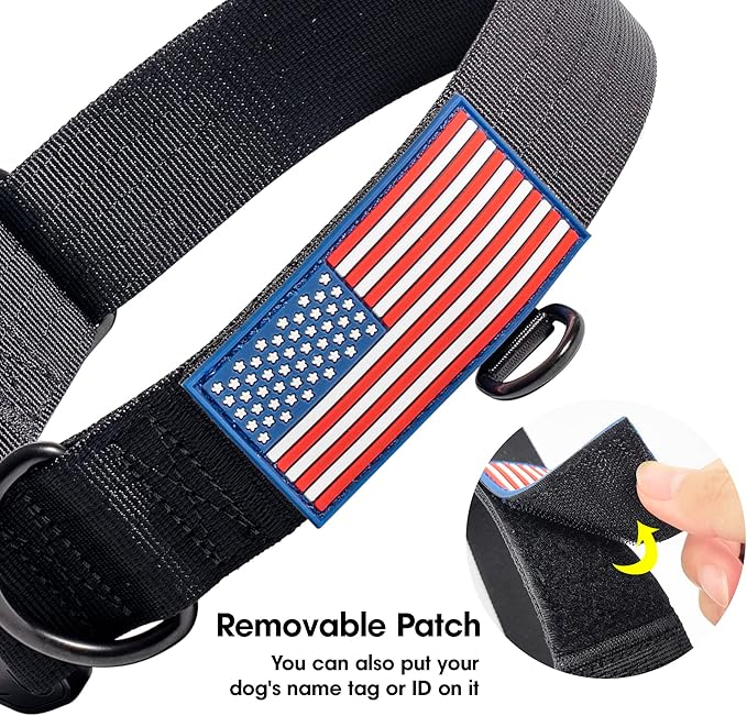KCUCOP Heavy Duty Dog Collar - Adjustable Tactical Military Dog Collars with Metal Buckle, Quick Release, 2 D-Rings & Flag Patch for Medium & Large Dogs(Black-M)
