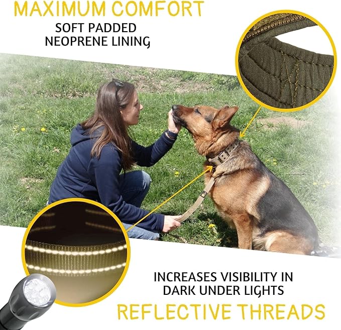 ADITYNA Heavy Duty Dog Collar for Large Dogs - Reflective Green Collar with Handle for Training, and Walking - Wide, Thick, Tactical, Soft Neoprene Padded