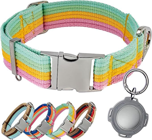 ADITYNA Cotton Dog Collar with AirTag Holder - Heavy-Duty Metal Buckle, Breathable, Easy Adjustable for Large & Extra-Large Breeds - for Walking, Training (Pastel Paradise, Fits 19-30" Necks)