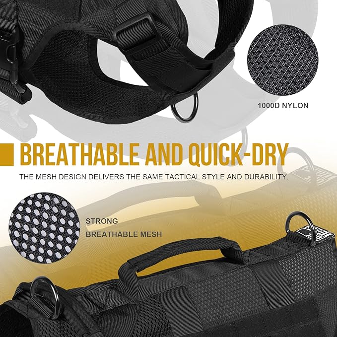 OneTigris No Pull Tactical Dog Harness for Medium Large Dog, Mesh Design Breathable Military Dog Molle Vests with Handles, Service Dog Vest Harness for Walking Hiking Training (XL, Black)