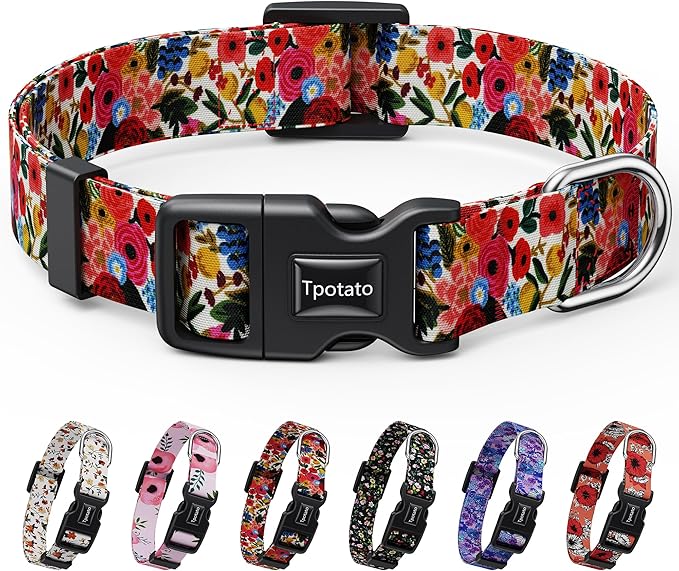 Tpotato Reflective Combination Pattern Girl Dog Collar for Puppy Small Medium Large Breed Dogs,Female Cute Floral Designer Dog Collars,Adjustable Soft Nylon Pet Collar,Quick Release Dog Collar XS