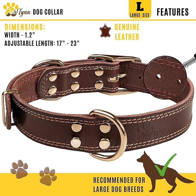 ADITYNA Heavy Duty Leather Dog Collar - Soft and Strong Leather Collar for Large Breeds (Large: Fit 17" - 23" Neck, Brown - Gold Colored Buckle)