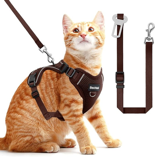 Cat Harness and Leash Set - Escape Proof Adjustable Cat Harness, Comfortable Soft Lightweight, Use Safe & Easy, Walking Travel Kitten Harness for Small Medium Large Cats, Brown, S(7-12lb)