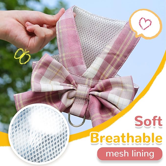 Dog Harness for Small Dogs With Bow and D-Ring - Soft Mesh Adjustable Set for Girl Puppies - Pet Harness and Leash