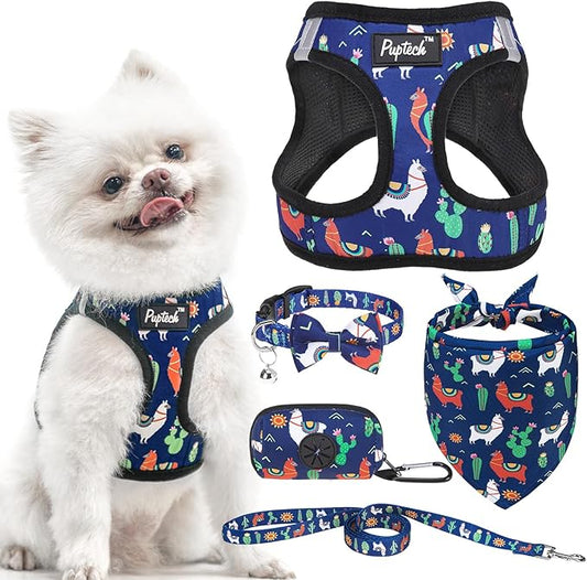 PUPTECK Adjustable Dog Harness Collar and Leash Set, Step in No Pull Pet Harness for Small Medium Dogs Puppy Cats Outdoor Walking, Soft Mesh Padded Reflective Vest Harnesses, Navy Blue Alpaca, S