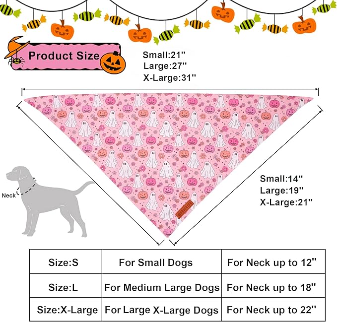 ADOGGYGO Halloween Dog Bandana, Pink Pumpkin Ghost Scarf, Adjustable Fit Female Halloween Bandanas for Small Dogs Puppies (Small)