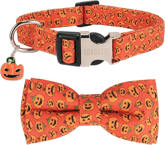 ADOGGYGO Halloween Dog Collar with Detachable Bow, Adjustable Orange Pumpkin Halloween Bowtie Collars for Small Medium Large Dogs (Large)