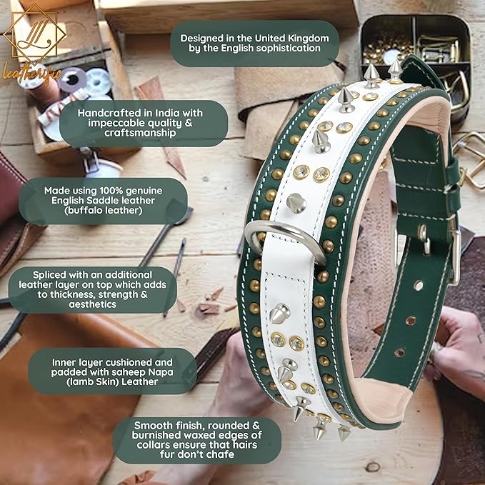 Genuine Leather Dog Collar by Leatherific, Premium Bridle Leather, Heavy Duty, Padded, Strong, Screwed Spikes, Medium, Large, Extra Large Breeds, 2" Wide (Forest Green, Neck Size 22"-26")