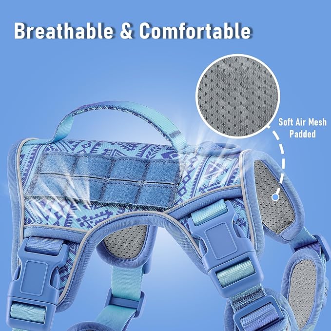 No Pull Dog Harness for Large Dogs with 2 Metal Clips, Easy On/Off with Neck Buckle, Heavy Duty Adjustable Tactical Puppy Vest, Breathable Pet Harness with Easy Control Handle, Blue L