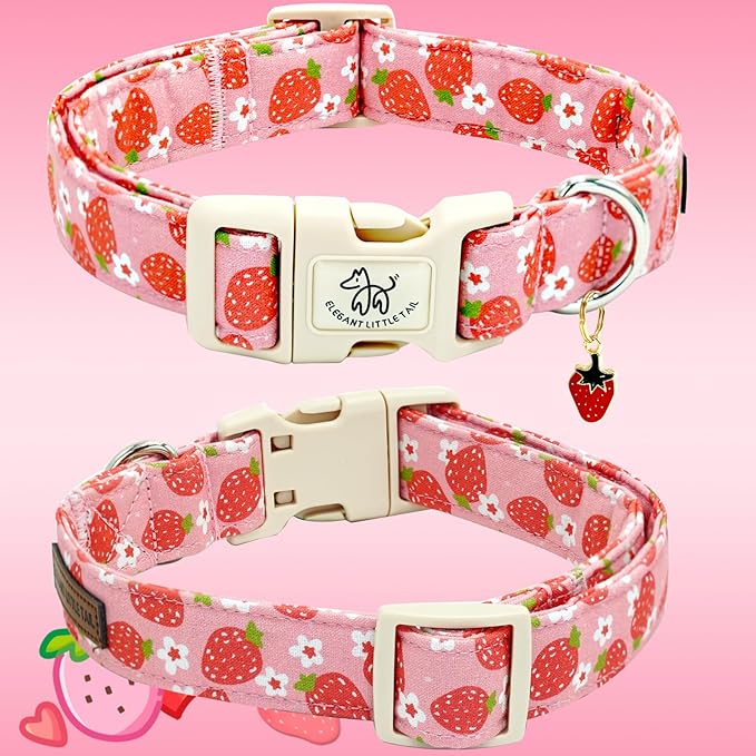 Elegant little tail Dog Collar, Strawberry Pattern Pet Collar Pink Durable Spring Female Spring Collar Adjustable Cotton Pet Collar with Quick Release Buckle for Small Dogs
