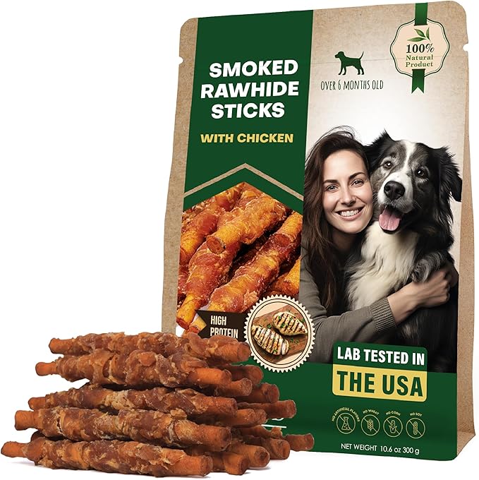 Dog Smoked Rawhide Sticks Wrapped Chicken & Pet Natural Chew Treats - Grain Free Organic Meat & Healthy Human Grade Dried Snacks in Bulk - Best Twists for Training Small & Large Dogs - Made for USA
